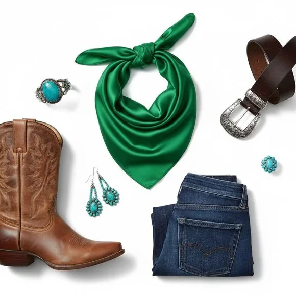 Emerald Green Wild Rag 35x35 Satin Scarf, Western Cowboy Neck Scarf, Square Band - Picture 7 of 8